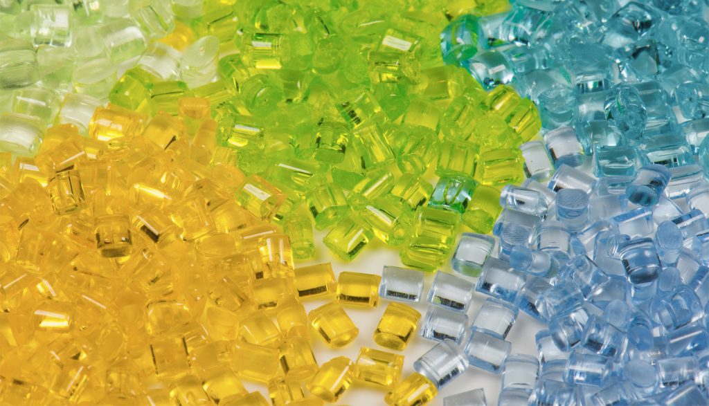 Colorful post-use plastic that has been pelletized
