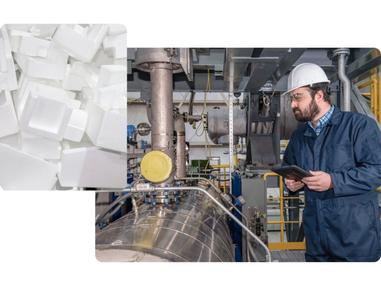 Polystyrene and an Agilyx employee working with chemical recycling technology.