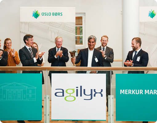 Board members for Agilyx ring the bell as the company's shares begin trading on the EuroNext Growth Exchange in Oslo.