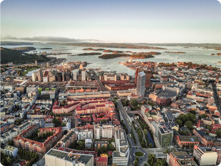 Oslo Norway cityscape with ocean and sunset in distance