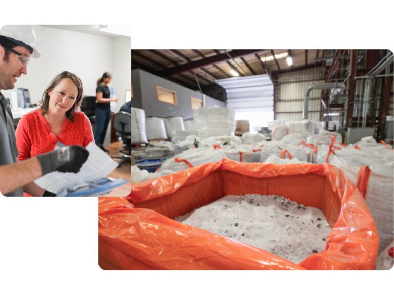 Cyclyx employees managing waste plastic feedstock in a chemical recycling facility in Tigard, Oregon.